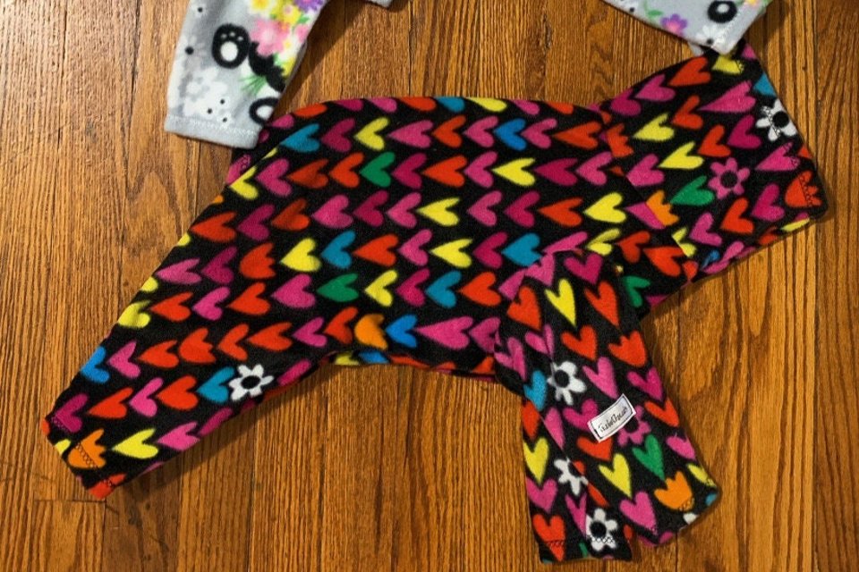 Valentines Hearts on Black fleece dog pajama- Vest, 2 leg 4 leg