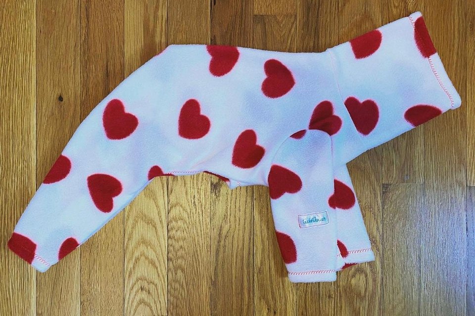 Valentines Hearts fleece dog pajama- Vest, 2 leg 4 leg